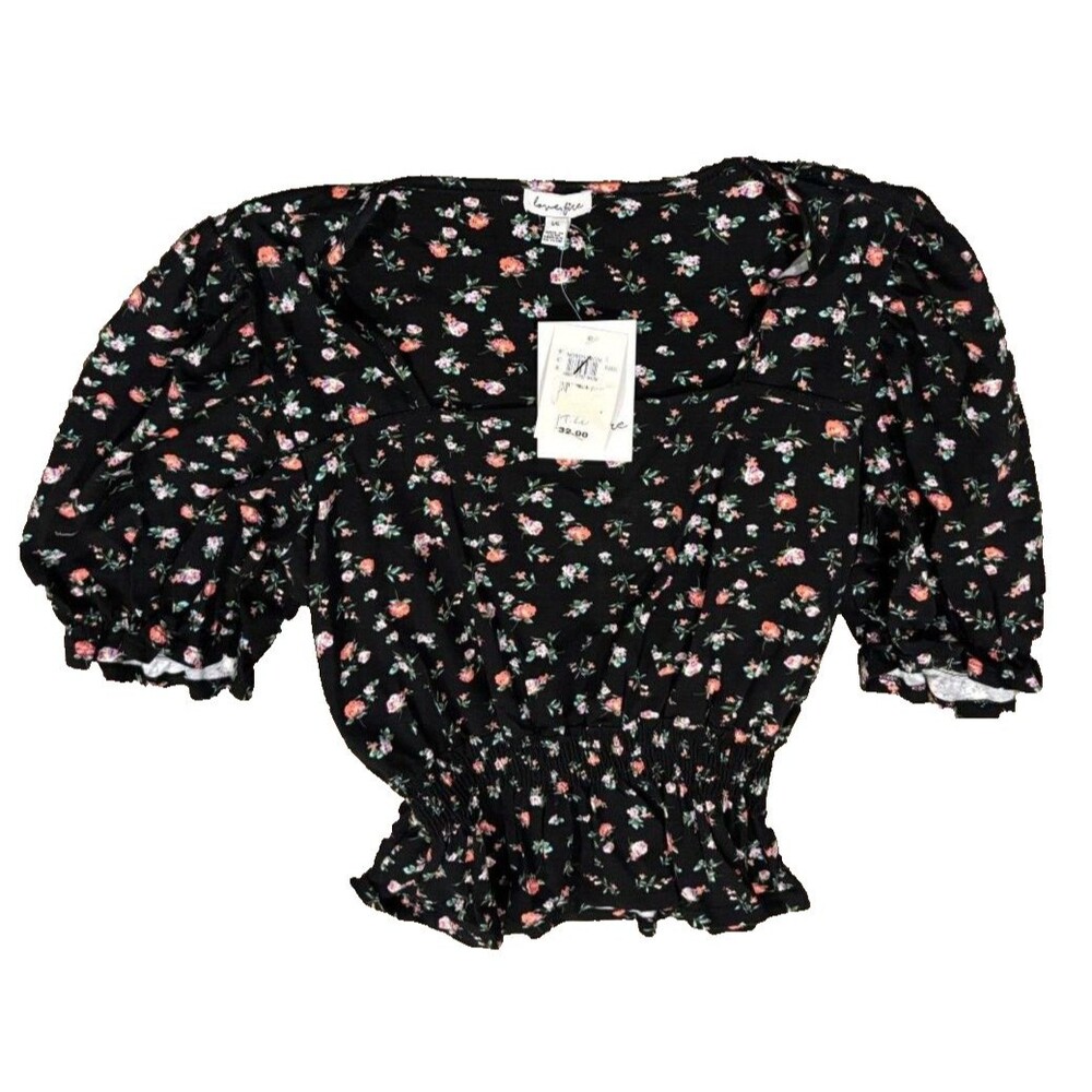 Love Fire Smocked Waist Peasant Blouse Womens  L Black Floral